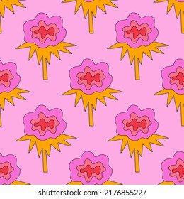 square vector seamless pattern - flower in hippie style.1970 good vibes.Funky and groovy 1970 daisy flower.Funky 1960 psychedelic ornament with floral.Kidcore kawaii wallpaper and fabric.Floral naive