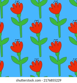 square vector seamless pattern - flower in hippie style.1970 good vibes.Funky and groovy 1970 daisy flower.Funky 1960 psychedelic ornament with floral.Kidcore kawaii wallpaper and fabric.Floral naive