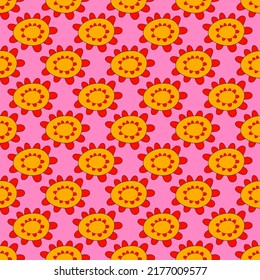 square vector seamless pattern - flower in hippie style.1970 good vibes.Funky and groovy 1970 daisy flower.Funky 1960 psychedelic ornament with floral.Kidcore kawaii wallpaper and fabric.Floral naive