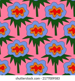 square vector seamless pattern - flower in hippie style.1970 good vibes.Funky and groovy 1970 daisy flower.Funky 1960 psychedelic ornament with floral.Kidcore kawaii wallpaper and fabric.Floral naive