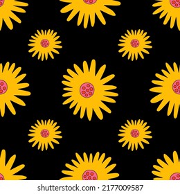 square vector seamless pattern - flower in hippie style.1970 good vibes.Funky and groovy 1970 daisy flower.Funky 1960 psychedelic ornament with floral.Kidcore kawaii wallpaper and fabric.Floral naive