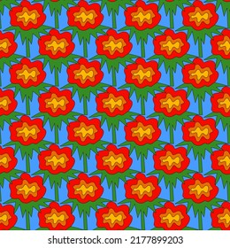 square vector seamless pattern - flower in hippie style.1970 good vibes.Funky and groovy 1970 daisy flower.Funky 1960 psychedelic ornament with floral.Kidcore kawaii wallpaper and fabric.Floral naive