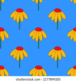 square vector seamless pattern - flower in hippie style.1970 good vibes.Funky and groovy 1970 daisy flower.Funky 1960 psychedelic ornament with floral.Kidcore kawaii wallpaper and fabric.Floral naive