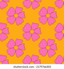 square vector seamless pattern - flower in hippie style.1970 good vibes.Funky and groovy 1970 daisy flower.Funky 1960 psychedelic ornament with floral.Kidcore kawaii wallpaper and fabric.Floral naive