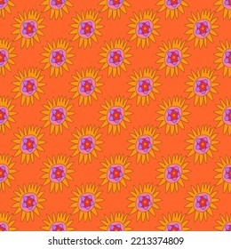 square vector seamless pattern - flower in hippie style.1970 good vibes.Funky and groovy 1980 daisy flower.1960 psychedelic ornament.Summer botanic back.Floral fall autumn naive social media template