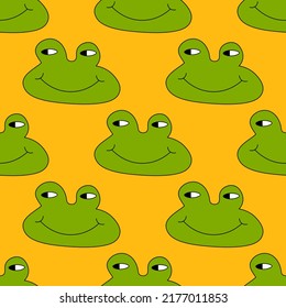 Square Vector Seamless Pattern - Green Frog Characters In Hippie Style.1970 Good Vibes.Funky And Groovy 1970 Trippy Toad.Funky 1960 Psychedelic Ornament With Anuran Dude.Funny Crazy Quirky Background