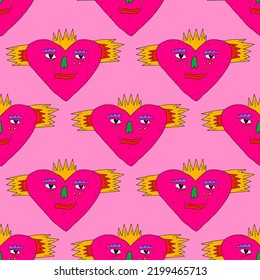 square vector seamless pattern- love heart characte in hippie style.1970 good vibes.Funky and groovy 1970 valentine day.Pop art Vibrant1960 psychedelic ornament with dude.Funny crazy quirky background