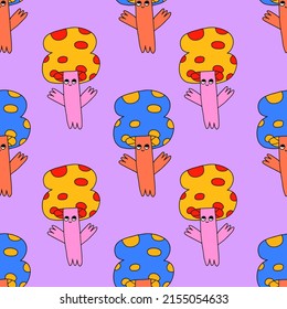 square vector seamless pattern - mushroom characters in hippie style. 1970 good vibes.Funky and groovy 1970 daisy fungus.Funny 1960 psychedelic ornament with floral.Kidcore kawaii wallpaper and fabric