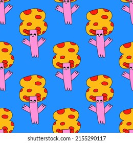 square vector seamless pattern - mushroom characters in hippie style.1970 good vibes.Funky and groovy 1970 quirky fungus.Funny 1960 psychedelic ornament with floral.Kidcore kawaii wallpaper and fabric