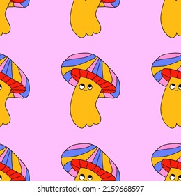 square vector seamless pattern - mushroom characters in hippie style.1970 good vibes.Funky and groovy 1970 quirky fungus.Funny 1960 psychedelic ornament with floral.Kidcore kawaii wallpaper and fabric