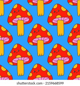 square vector seamless pattern - mushroom characters in hippie style.1970 good vibes.Funky and groovy 1970 quirky fungus.Funny 1960 psychedelic ornament with floral.Kidcore kawaii wallpaper and fabric