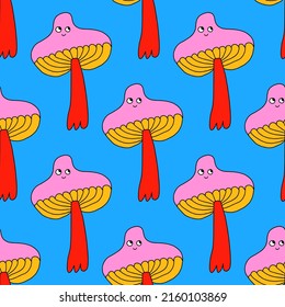 square vector seamless pattern - mushroom characters in hippie style.1970 good vibes.Funky and groovy 1970 quirky fungus.Funny 1960 psychedelic ornament with floral.Kidcore kawaii wallpaper and fabric