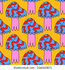 square vector seamless pattern - mushroom characters in hippie style.1970 good vibes.Funky and groovy 1970 quirky fungus.Funny 1960 psychedelic ornament with floral.Kidcore kawaii wallpaper and fabric