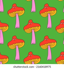 square vector seamless pattern - mushroom characters in hippie style.1970 good vibes.Funky and groovy 1970 quirky fungus.Funny 1960 psychedelic ornament with floral.Kidcore kawaii wallpaper and fabric