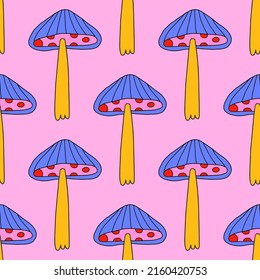 square vector seamless pattern - mushroom  in hippie style.1970 good vibes.Funky and groovy 1970 quirky fungus.Funny 1960 psychedelic ornament with floral.Kidcore kawaii wallpaper and fabric