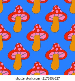 square vector seamless pattern - mushroom  in hippie style.1970 good vibes.Funky and groovy 1970 quirky fungus.Funny 1960 psychedelic ornament with floral.Kidcore kawaii wallpaper and fabric