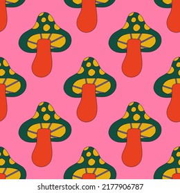 square vector seamless pattern - mushroom  in hippie style.1970 good vibes.Funky and groovy 1970 quirky fungus.Funny 1960 psychedelic ornament with floral.Kidcore kawaii wallpaper and fabric