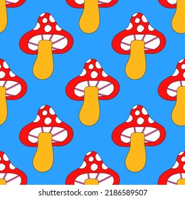 square vector seamless pattern - mushroom  in hippie style.1970 good vibes.Funky and groovy 1970 quirky fungus.Funny 1960 psychedelic ornament with floral.Kidcore kawaii wallpaper and fabric