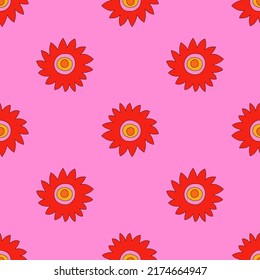 square vector seamless pattern - pink flower in hippie style.1970 good vibes.Funky and groovy 1970 daisy flower.Funky 1960 psychedelic ornament with floral.Kidcore wallpaper and fabric.Floral naive