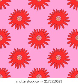 square vector seamless pattern - pink flower in hippie style.1970 good vibes.Funky and groovy 1970 daisy flower.Funky 1960 psychedelic ornament with floral.Kidcore wallpaper and fabric.Floral naive
