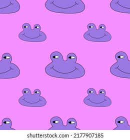 square vector seamless pattern - purple frog characters in hippie style.1970 good vibes.Funky and groovy 1970 trippy toad.Funky 1960 psychedelic ornament with anuran dude.Funny crazy quirky background