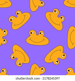 Square Vector Seamless Pattern - Purple Frog Characters In Hippie Style.1970 Good Vibes.Funky And Groovy 1970 Trippy Toad.Funky 1960 Psychedelic Ornament With Anuran Dude.Funny Crazy Quirky Background