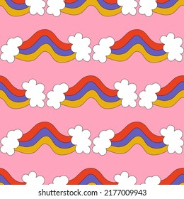 square vector seamless pattern - rainbow in hippie style.1970 good vibes.Funky and groovy 1960 sky sunshine.Funky 1970 psychedelic ornament clouds.Kidcore kawaii wallpaper and fabric.naive trippy art