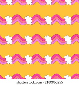 square vector seamless pattern - rainbow in hippie style.1970 good vibes.Funky and groovy 1960 sky sunshine.Funky 1970 psychedelic ornament clouds.Kidcore kawaii wallpaper and fabric.naive trippy art