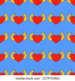 Square Vector Seamless Pattern - Red Love Heart In Hippie Style. 1970 Good Vibes.Funky And Groovy 1970 Valentine Day.Vibrant1960 Psychedelic Ornament With Dude.Funny Crazy Quirky Background