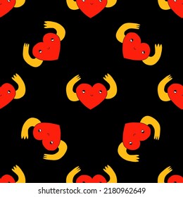 square vector seamless pattern - red love heart in hippie style. 1970 good vibes.Funky and groovy 1970 valentine day.Pop art Vibrant1960 psychedelic ornament with dude.Funny crazy quirky background