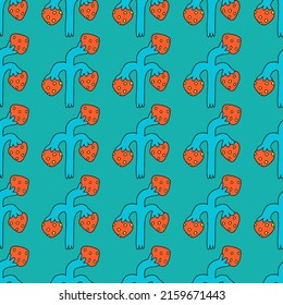 square vector seamless pattern -  strawberry  in hippie style. 1970 good vibes.Funky and groovy 1970 berry.Funky 1960 psychedelic ornament with floral. Kidcore kawaii wallpaper and fabric.