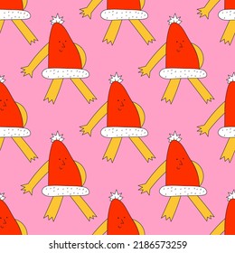 square vector seamless pattern-christmas santa claus hat.1970 good vibes.Funky and groovy 1960 psychedelic new year.Vibrant winter party.Crazy cartoon character.Retro funny christmas holiday ornament