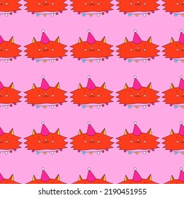 square vector seamless pattern-christmas santa cats.1970 good vibes.Funky and groovy 1960 psychedelic new year.Vibrant winter party.Crazy smiley santa character.Retro funny christmas holiday ornament