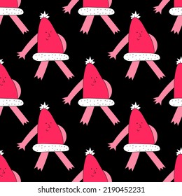 square vector seamless pattern-christmas santa claus hat.1970 good vibes.Funky and groovy 1960 psychedelic new year.Vibrant winter party.Crazy cartoon character.Retro funny christmas holiday ornament