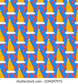 square vector seamless pattern-christmas santa claus hat.1970 good vibes.Funky and groovy 1960 psychedelic new year.Vibrant winter party.Crazy cartoon character.Retro funny christmas holiday ornament