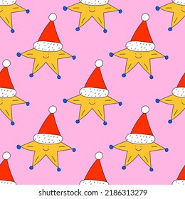 square vector seamless pattern-christmas star and hat.1970 good vibes.Funky and groovy 1960 psychedelic new year.Vibrant winter party.Crazy cartoon character.Retro funny christmas holiday ornament