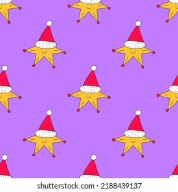 square vector seamless pattern-christmas star and hat.1970 good vibes.Funky and groovy 1960 psychedelic new year.Vibrant winter party.Crazy cartoon character.Retro funny christmas holiday ornament