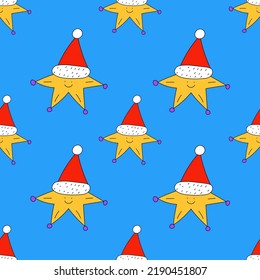 square vector seamless pattern-christmas star and hat.1970 good vibes.Funky and groovy 1960 psychedelic new year.Vibrant winter party.Crazy cartoon character.Retro funny christmas holiday ornament