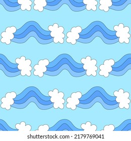 Square Vector Seamless Pattern-rainbow In Hippie Style.1970 Good Vibes.Funky And Groovy 1960 Blue  Sky Sunshine.1970 Psychedelic Ornament Clouds.Kidcore Kawaii Wallpaper And Fabric.Ocean Water Beach