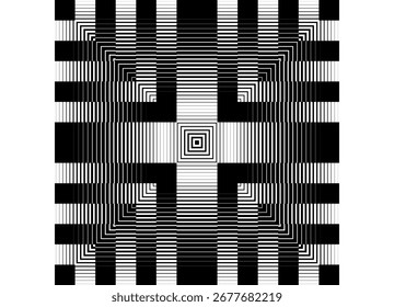 Square Vector striped pattern of lines. Cross-shaped design element for advertising, printing, packaging and interior. Vector black and white background. Broken stripes.Tile
