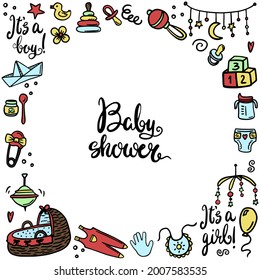 Square vector template baby shower. For a social post. Baby things, a newborn, a rattle, a diaper, a pacifier. Doodles