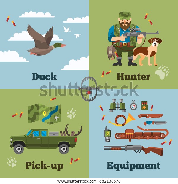 Square\
vector template of flat hunting elements with hunter, hunting dog,\
duck, hunting pickup and hunting\
ammunition.