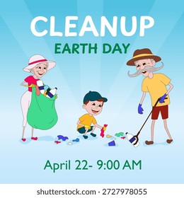 Square vector template for social media post. Announcement of Earth Day community cleanup event. Illustration of multigenerational family collecting plastic trash. Senior couple and grandson volunteers. Design with text and copy space