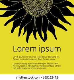 a square vector template with sunflower; a hand drawn illustration; a floral banner; a cartoon doodle flower card; black and yellow