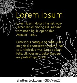 a square vector template with sunflower; a hand drawn illustration; a floral banner; a cartoon doodle flower card 