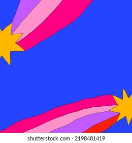 
square vector template for text - 1970 psychedelic. Blank for social media in retro, hippie, funky, groovy style. Postcard with abstract shapes - rainbow, stars. Vibrant good vibes background