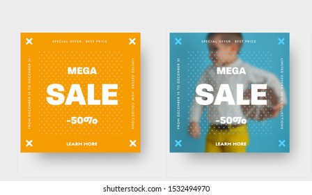 Square vector template of yellow and blue social media banners for big mega sale. Standard size templates with a place for photo and text, a pattern of white crosses. Email Layout Design