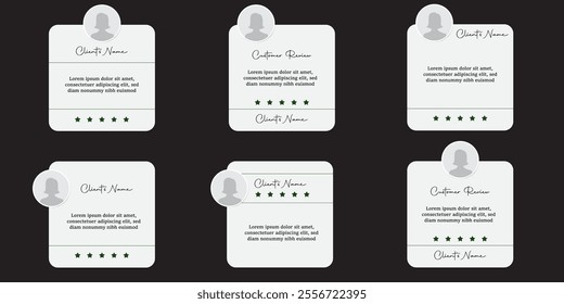 Square vector templates for customer feedback, beige background with speech bubbles, star ratings, and user icons. Designed for social media reviews and testimonials.