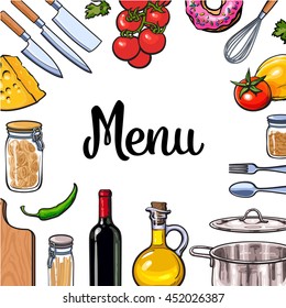 Square vegetable, kitchenware cheese and pasta menu design, sketch style vector illustration isolated on white background. Colorful menu banner template with ingredients utensils for Italian cuisine