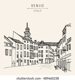 Square in Venice, Italy, Europe. Vector vintage hand drawn postcard